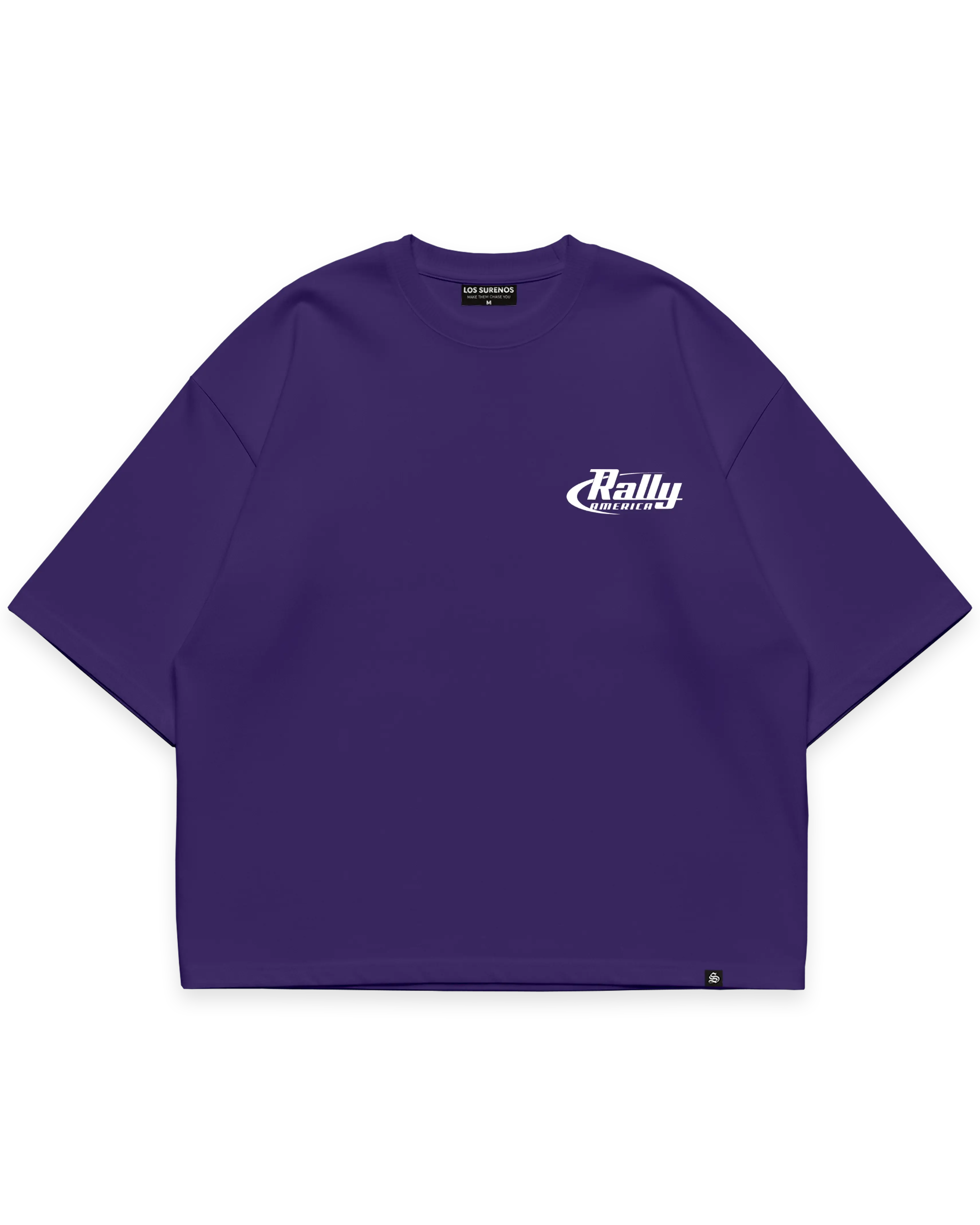 Surenos Racing mor oversize boxy fit shirt, göğüs beyaz Rally America logo detaylı minimal motorsport tasarım #violet