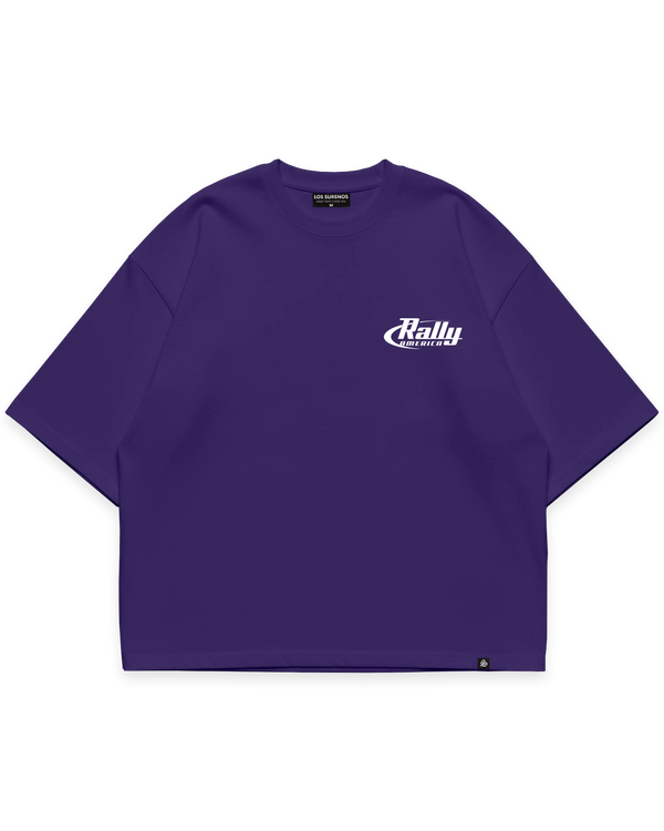 Surenos Racing mor oversize boxy fit shirt, göğüs beyaz Rally America logo detaylı minimal motorsport tasarım #violet