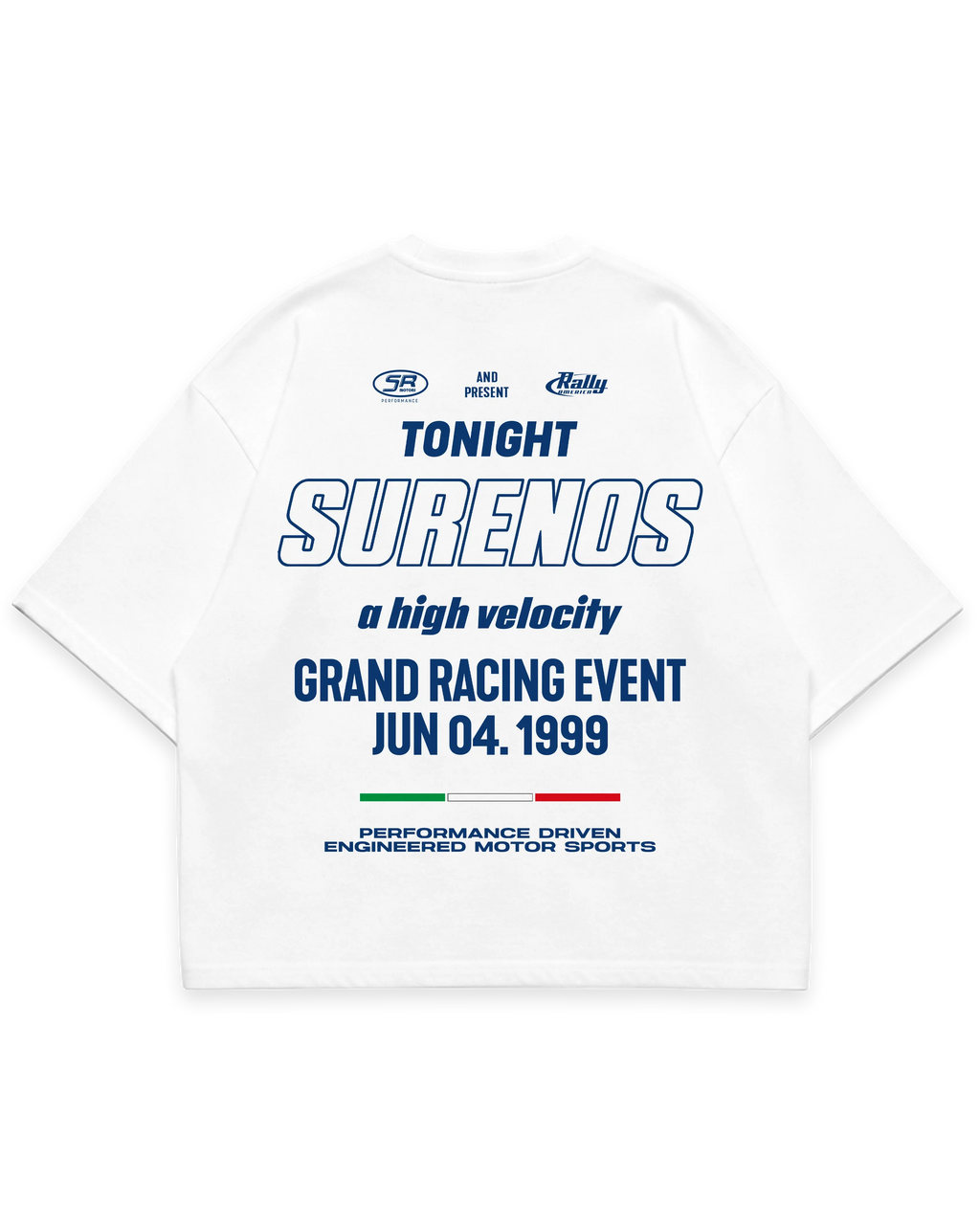 Surenos Racing beyaz oversize boxy fit tshirt, mavi sırt baskılı motorsport etkinlik temalı tipografi, grand racing event grafik tasarım #beyaz