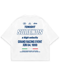 Surenos Racing beyaz oversize boxy fit tshirt, mavi sırt baskılı motorsport etkinlik temalı tipografi, grand racing event grafik tasarım #beyaz