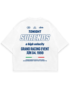 Surenos Racing beyaz oversize boxy fit tshirt, mavi sırt baskılı motorsport etkinlik temalı tipografi, grand racing event grafik tasarım #beyaz