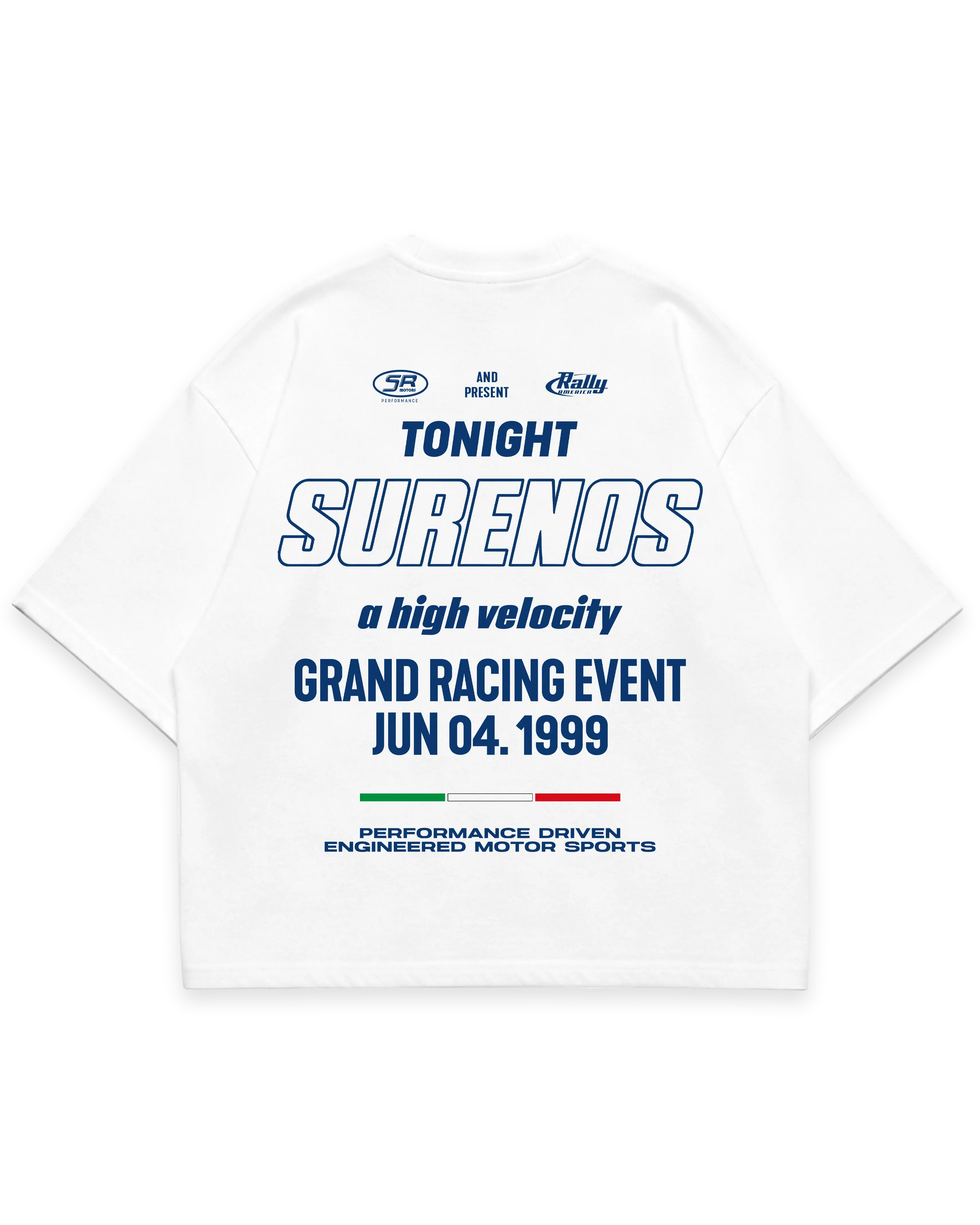 Surenos Racing beyaz oversize boxy fit tshirt, mavi sırt baskılı motorsport etkinlik temalı tipografi, grand racing event grafik tasarım #beyaz