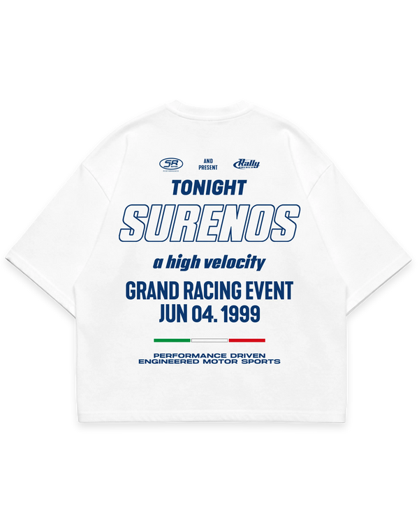 Surenos Racing beyaz oversize boxy fit tshirt, mavi sırt baskılı motorsport etkinlik temalı tipografi, grand racing event grafik tasarım #beyaz