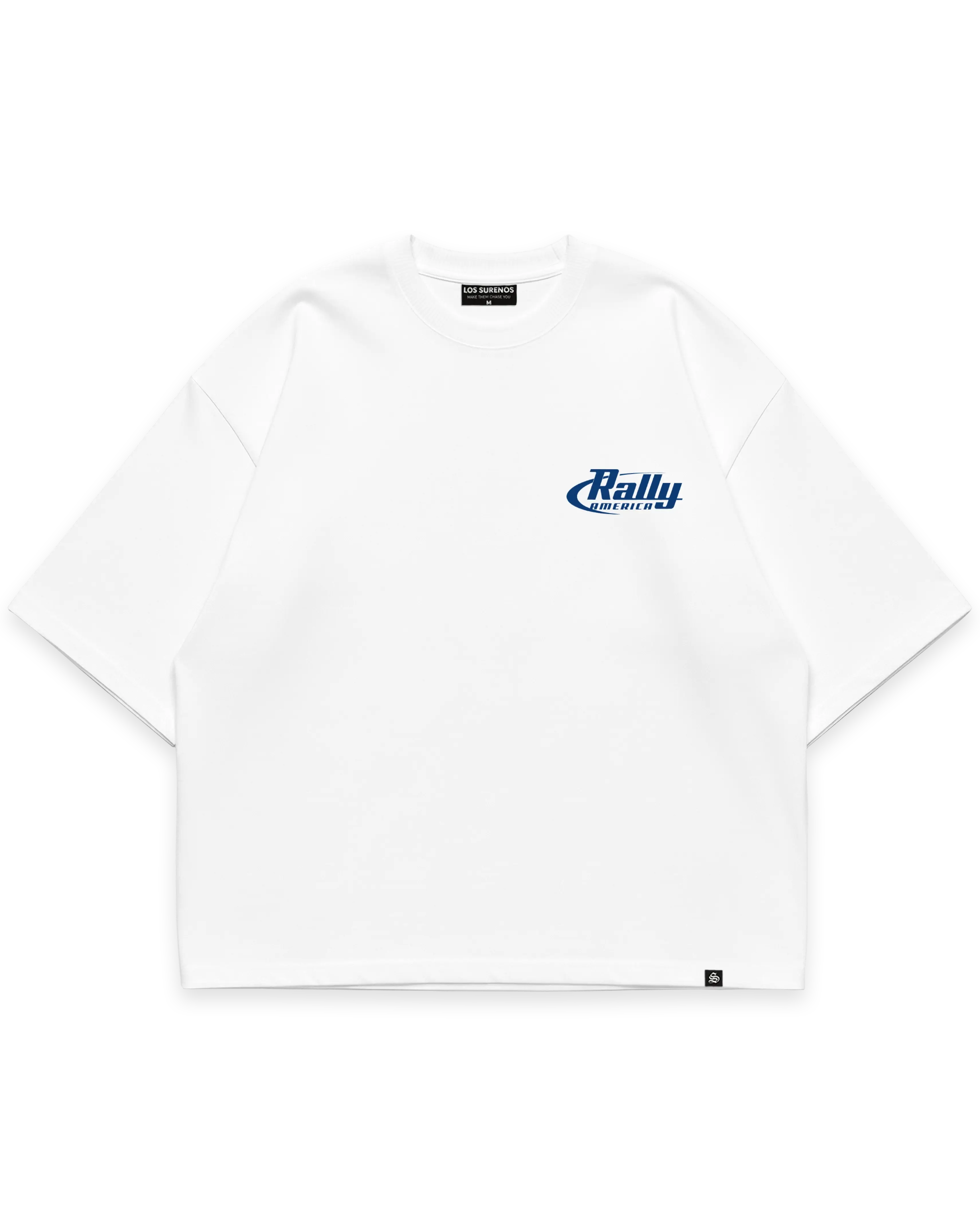 Surenos Racing beyaz oversize boxy fit tshirt, göğüs mavi Rally America logo baskılı minimal motorsport tasarım #beyaz