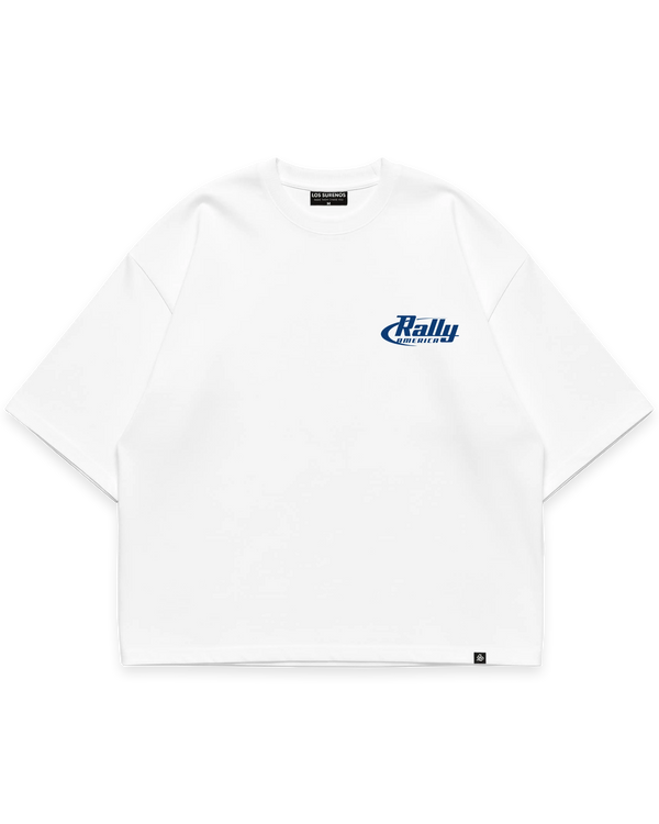 Surenos Racing beyaz oversize boxy fit tshirt, göğüs mavi Rally America logo baskılı minimal motorsport tasarım #beyaz