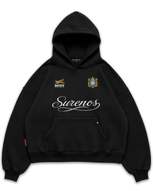 Los Surenos siyah oversize boxy fit hoodie, ön yüzde Surenos script logo, MTCY amblemi ve arma detayı bulunan premium streetwear kapüşonlu sweatshirt #siyah