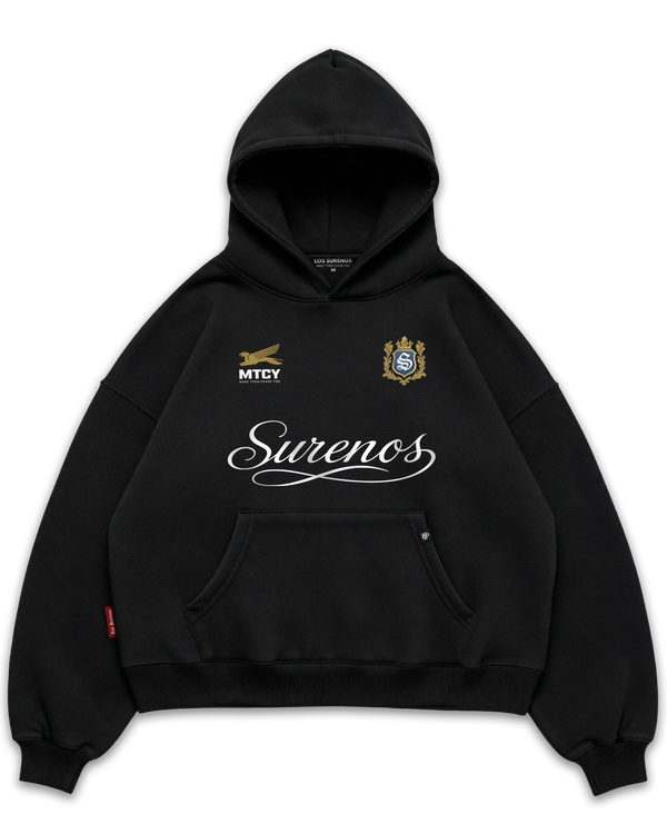 Los Surenos siyah oversize boxy fit hoodie, ön yüzde Surenos script logo, MTCY amblemi ve arma detayı bulunan premium streetwear kapüşonlu sweatshirt #siyah