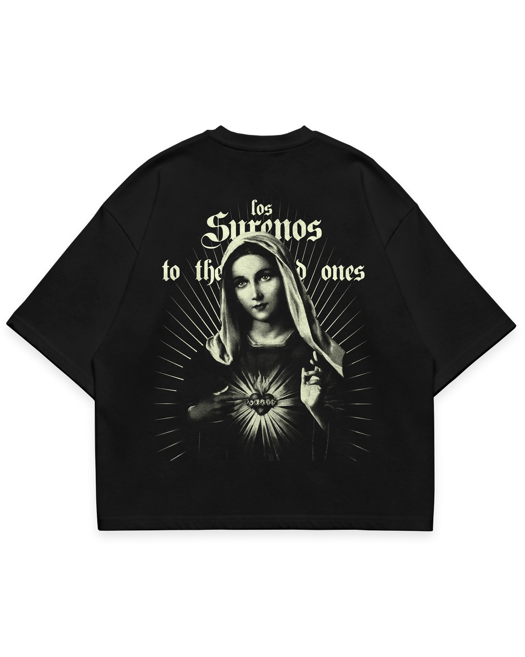 Virgin Mary Tee siyah oversize tshirt, arka baskıda Meryem figürü ve ışın detaylı grafik tasarım, streetwear stil #siyah
