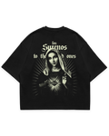 Virgin Mary Tee siyah oversize tshirt, arka baskıda Meryem figürü ve ışın detaylı grafik tasarım, streetwear stil #siyah