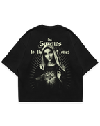 Virgin Mary Tee siyah oversize tshirt, arka baskıda Meryem figürü ve ışın detaylı grafik tasarım, streetwear stil #siyah