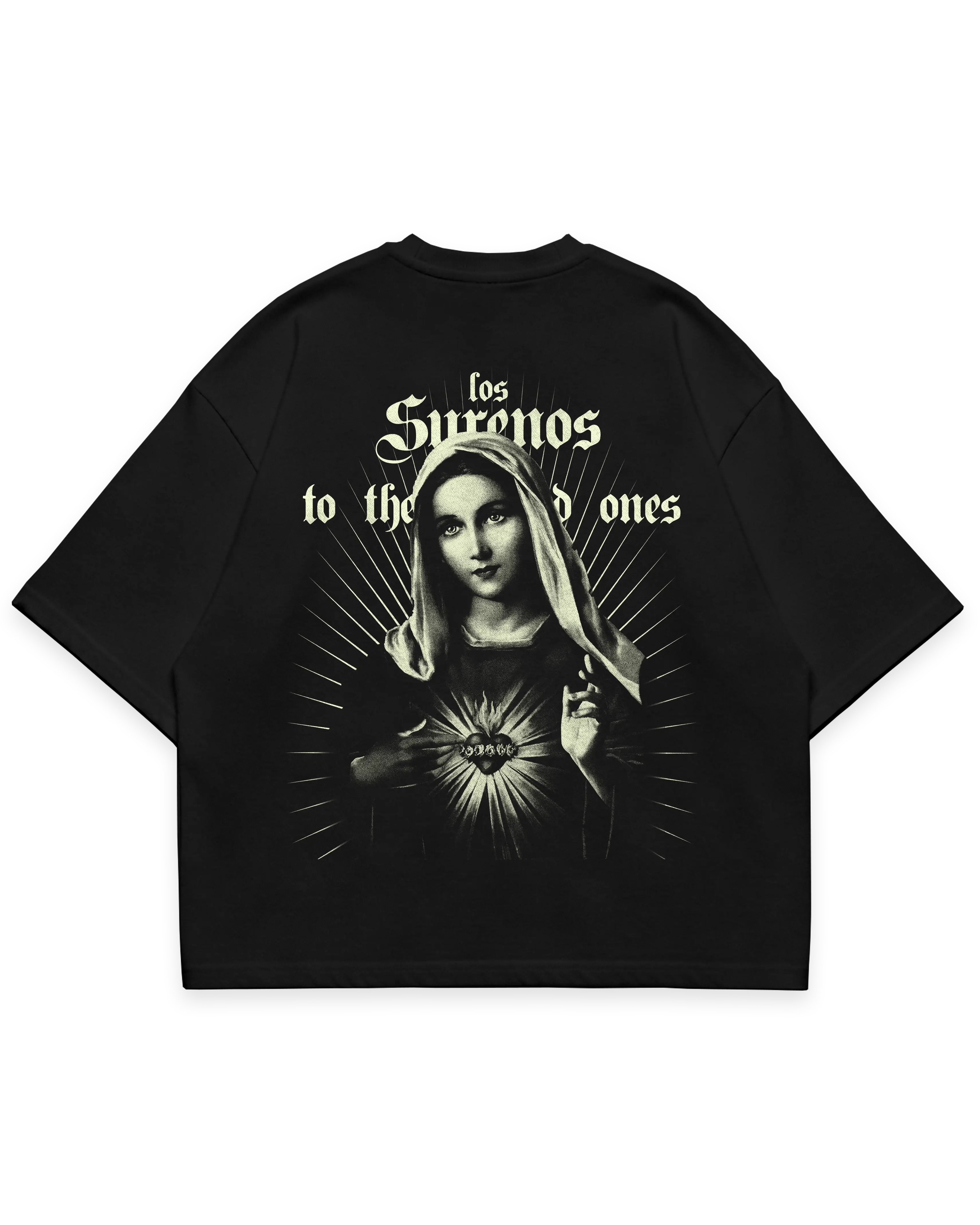 Virgin Mary Tee siyah oversize tshirt, arka baskıda Meryem figürü ve ışın detaylı grafik tasarım, streetwear stil #siyah