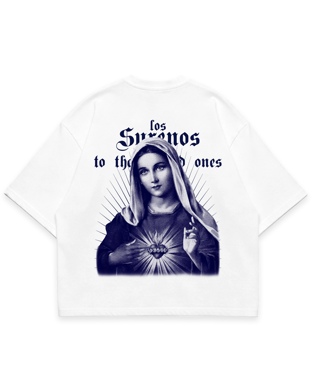 Virgin Mary Tee beyaz oversize boxy fit tshirt, arka baskıda mavi Meryem Ana figürü illüstrasyonu, Los Surenos streetwear tasarımı #beyaz