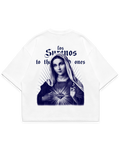 Virgin Mary Tee beyaz oversize boxy fit tshirt, arka baskıda mavi Meryem Ana figürü illüstrasyonu, Los Surenos streetwear tasarımı #beyaz