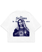 Virgin Mary Tee beyaz oversize boxy fit tshirt, arka baskıda mavi Meryem Ana figürü illüstrasyonu, Los Surenos streetwear tasarımı #beyaz
