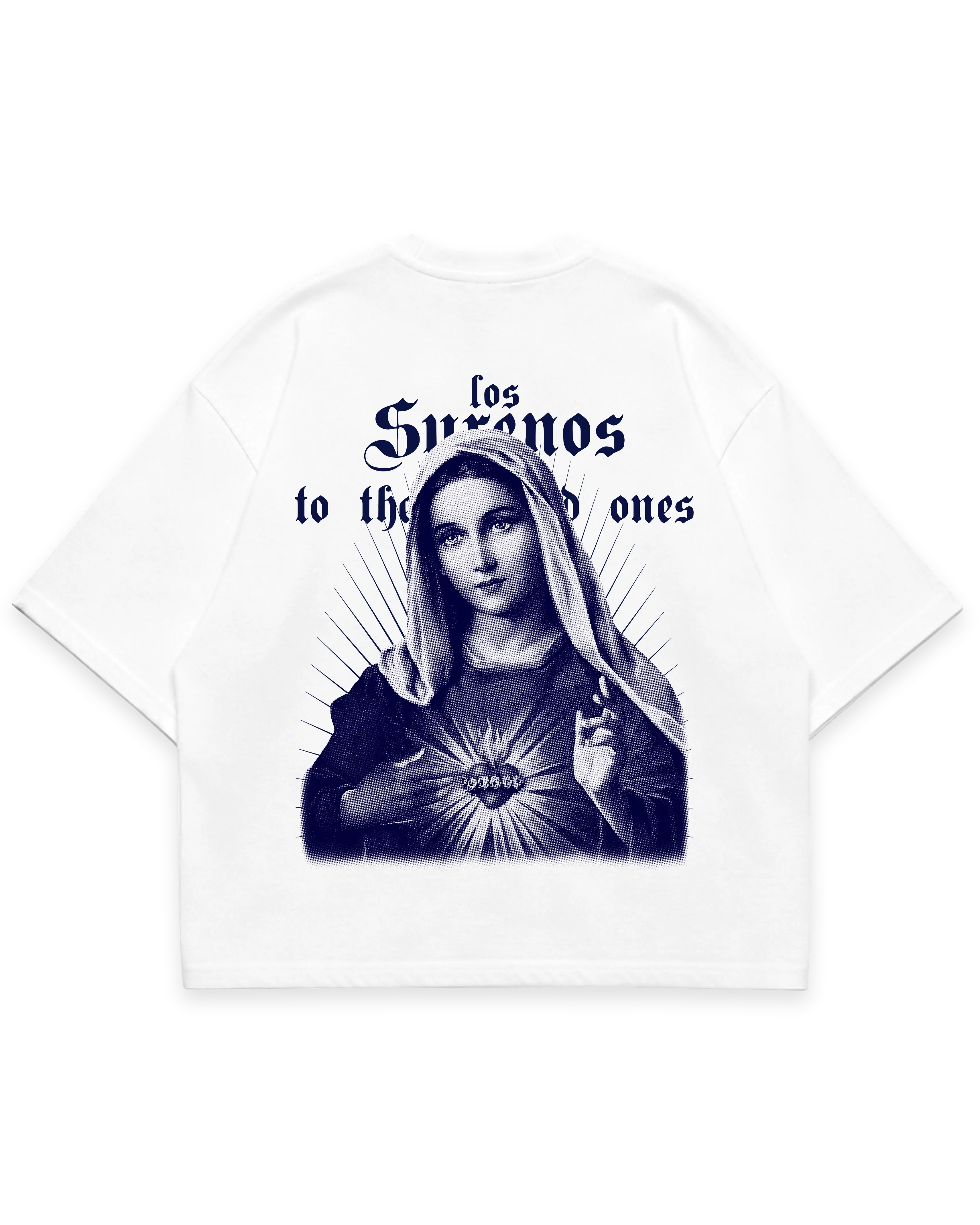 Virgin Mary Tee beyaz oversize boxy fit tshirt, arka baskıda mavi Meryem Ana figürü illüstrasyonu, Los Surenos streetwear tasarımı #beyaz