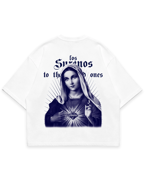 Virgin Mary Tee beyaz oversize boxy fit tshirt, arka baskıda mavi Meryem Ana figürü illüstrasyonu, Los Surenos streetwear tasarımı #beyaz