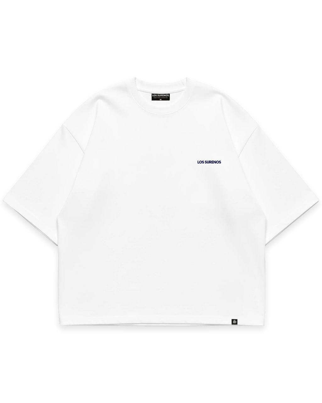 Virgin Mary Tee beyaz oversize tshirt, ön yüzde minimal Los Surenos mavi göğüs logosu, premium streetwear tasarım #beyaz