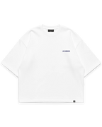 Virgin Mary Tee beyaz oversize tshirt, ön yüzde minimal Los Surenos mavi göğüs logosu, premium streetwear tasarım #beyaz