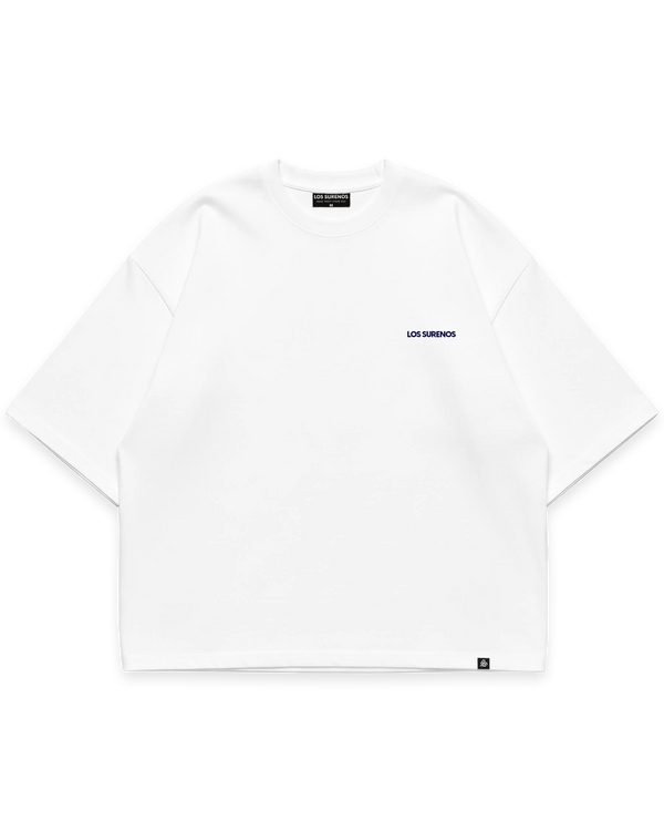 Virgin Mary Tee beyaz oversize tshirt, ön yüzde minimal Los Surenos mavi göğüs logosu, premium streetwear tasarım #beyaz