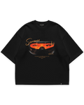With Love Tee siyah oversize tshirt, mavi tonlarında kar gözlüğü temalı sanatsal grafik baskı, minimal tipografi ve modern streetwear tasarım #siyah
