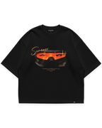 With Love Tee siyah oversize tshirt, mavi tonlarında kar gözlüğü temalı sanatsal grafik baskı, minimal tipografi ve modern streetwear tasarım #siyah