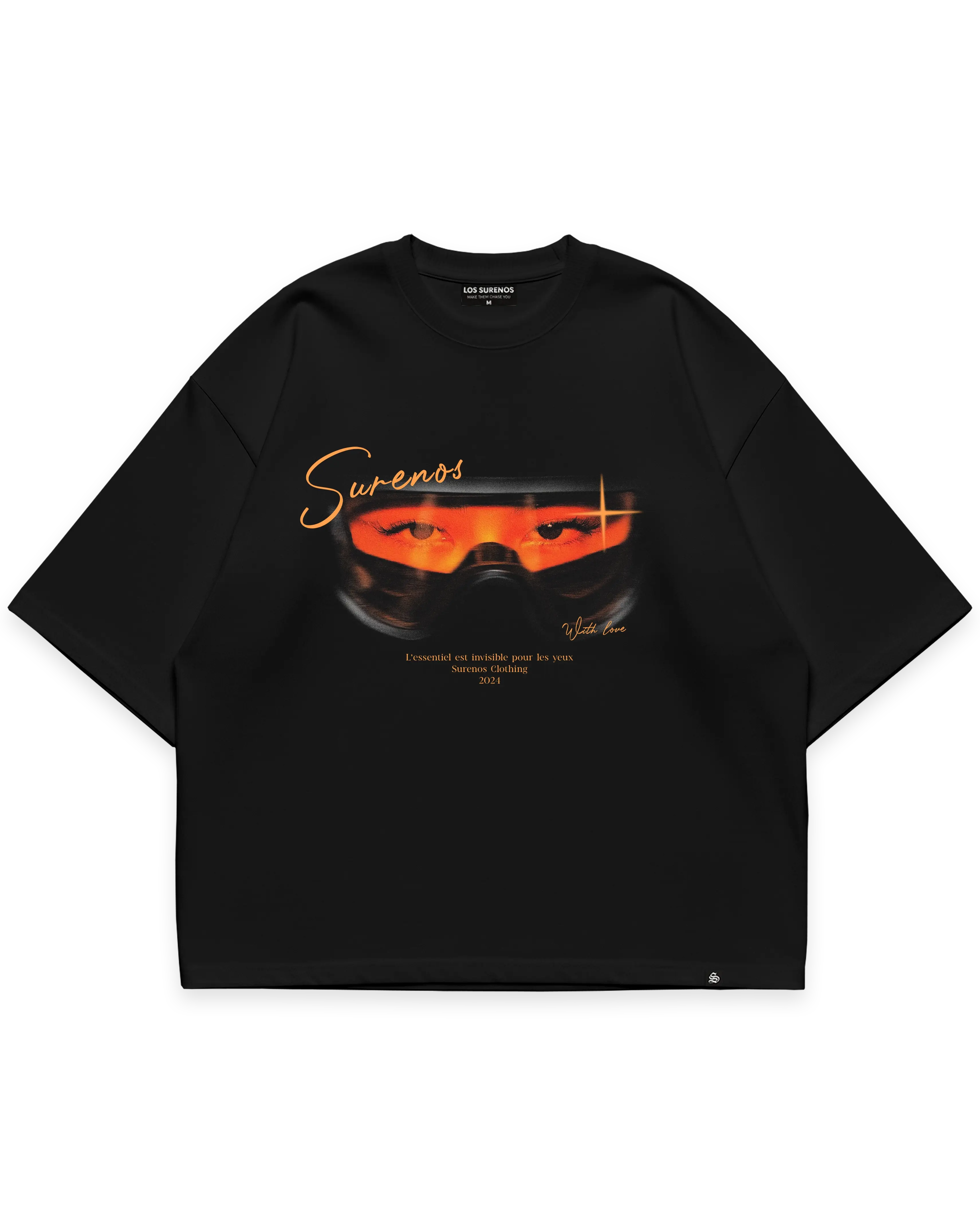 With Love Tee siyah oversize tshirt, mavi tonlarında kar gözlüğü temalı sanatsal grafik baskı, minimal tipografi ve modern streetwear tasarım #siyah