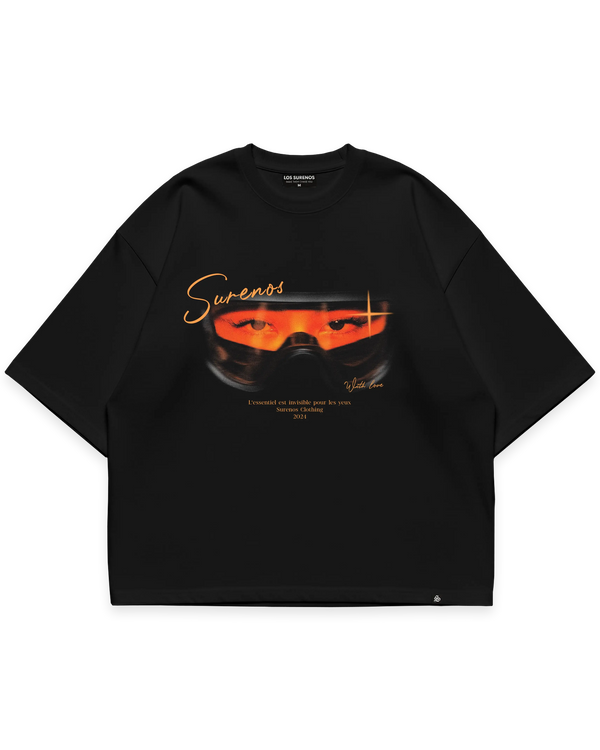 With Love Tee siyah oversize tshirt, mavi tonlarında kar gözlüğü temalı sanatsal grafik baskı, minimal tipografi ve modern streetwear tasarım #siyah