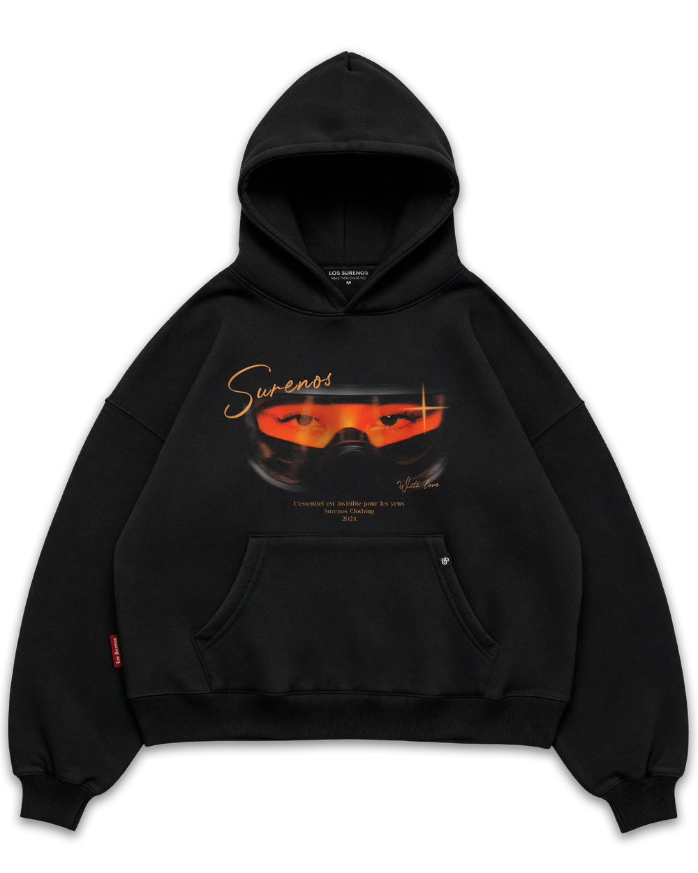 Los Surenos siyah oversize boxy fit hoodie, ön yüzde turuncu tonlarda vizör detaylı göz illüstrasyonu ve Surenos yazı baskısı bulunan premium streetwear kapüşonlu sweatshirt #siyah