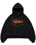 Los Surenos siyah oversize boxy fit hoodie, ön yüzde turuncu tonlarda vizör detaylı göz illüstrasyonu ve Surenos yazı baskısı bulunan premium streetwear kapüşonlu sweatshirt #siyah