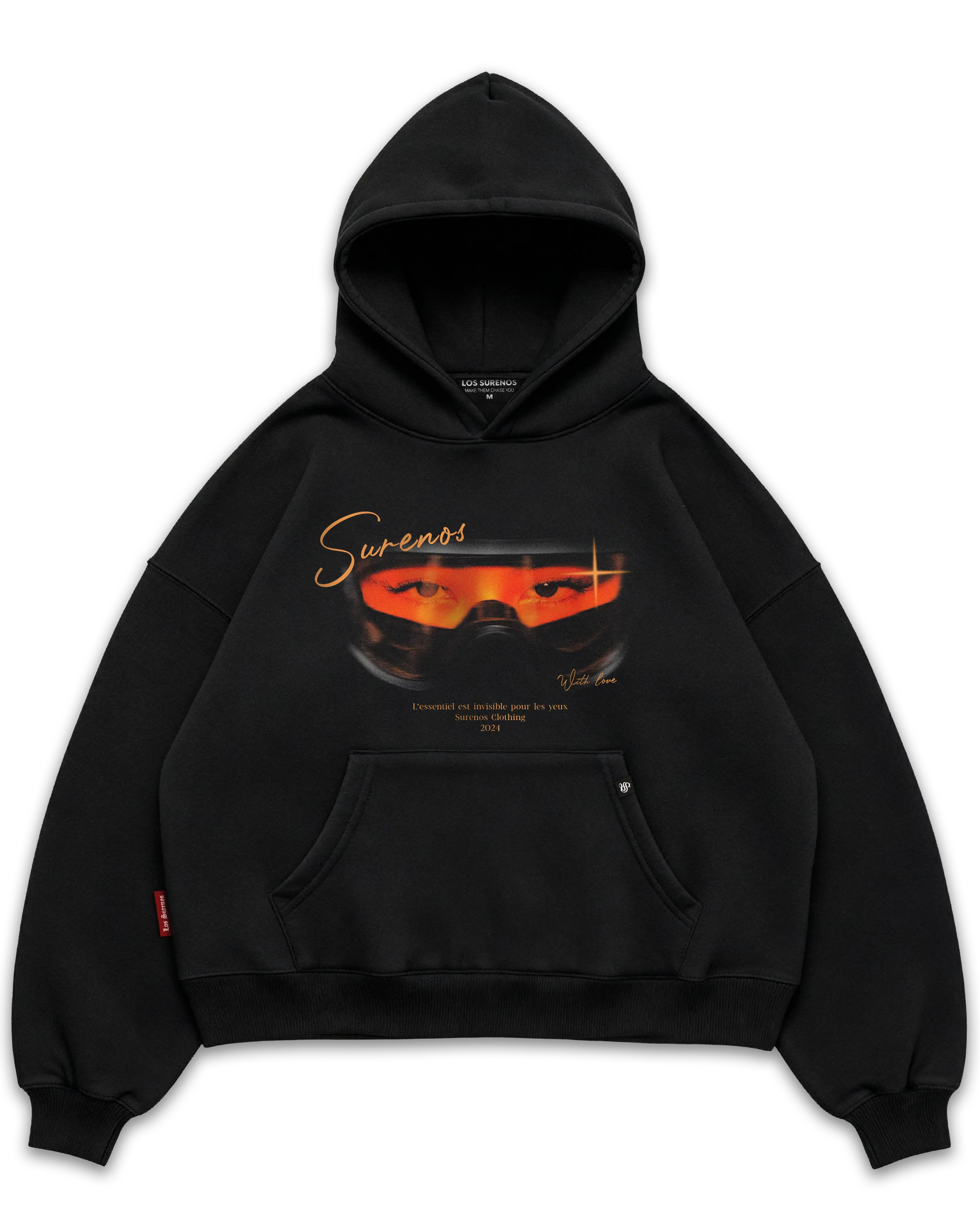Los Surenos siyah oversize boxy fit hoodie, ön yüzde turuncu tonlarda vizör detaylı göz illüstrasyonu ve Surenos yazı baskısı bulunan premium streetwear kapüşonlu sweatshirt #siyah