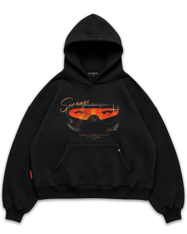 Los Surenos siyah oversize boxy fit hoodie, ön yüzde turuncu tonlarda vizör detaylı göz illüstrasyonu ve Surenos yazı baskısı bulunan premium streetwear kapüşonlu sweatshirt #siyah
