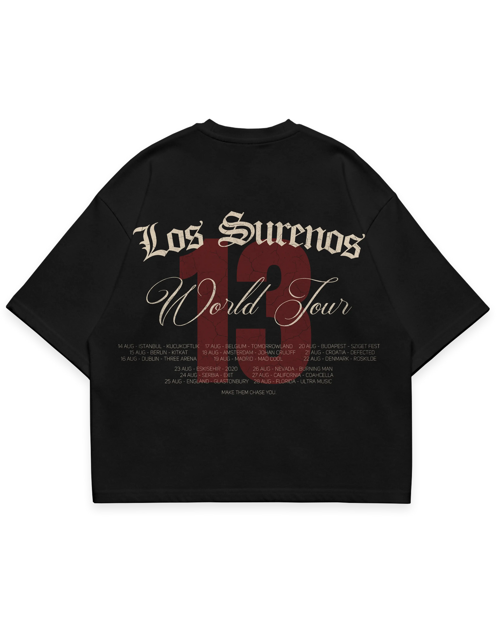 Los Surenos World Tour 13 siyah oversize tshirt, büyük World Tour yazı baskısı ve turne tarihleri detaylı arka grafik tasarım, premium streetwear stil #siyah