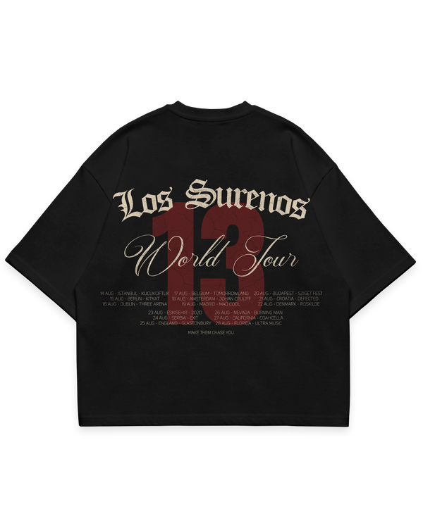 Los Surenos World Tour 13 siyah oversize tshirt, büyük World Tour yazı baskısı ve turne tarihleri detaylı arka grafik tasarım, premium streetwear stil #siyah