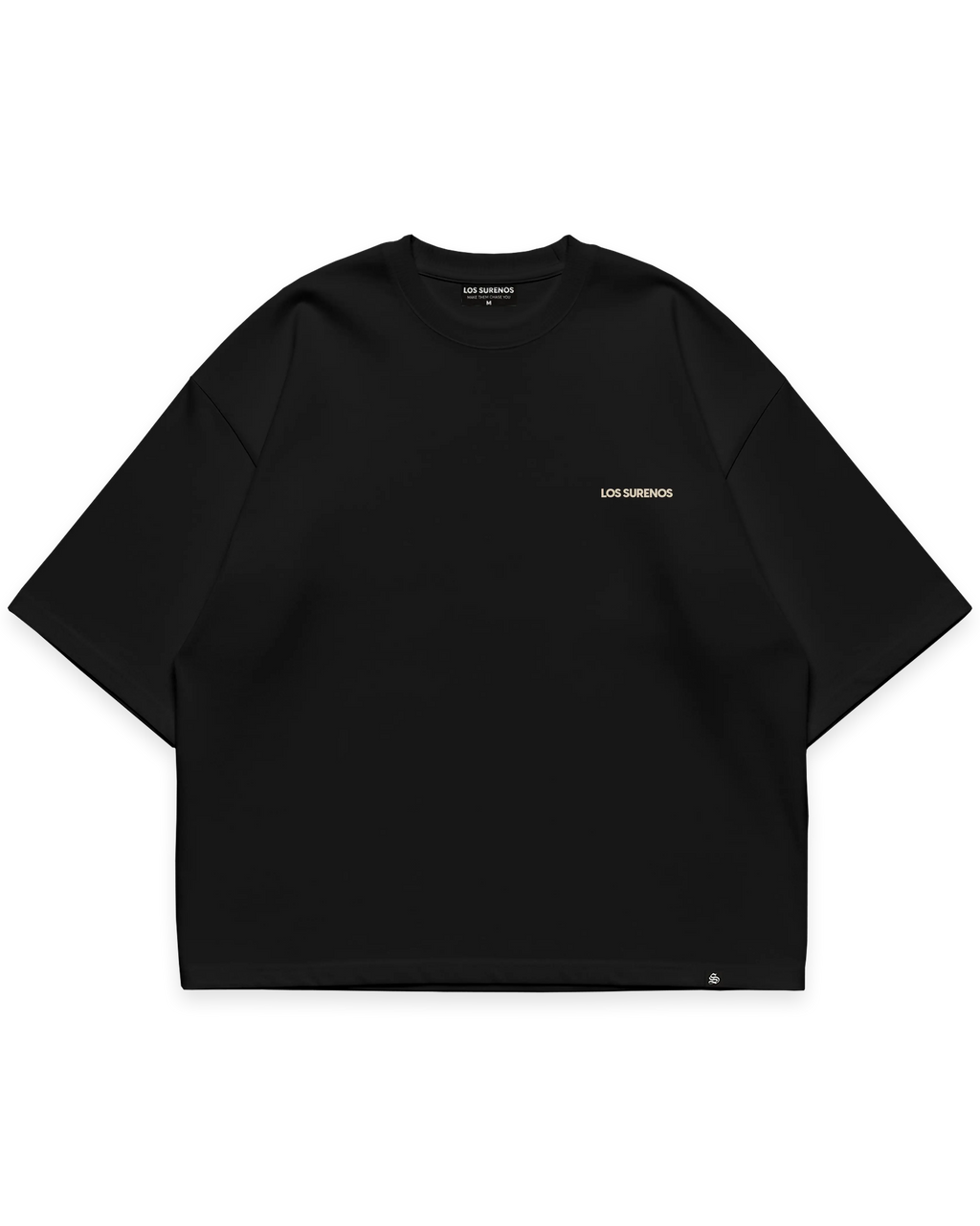 Virgin Mary Tee siyah oversize tshirt, ön yüzde minimal Los Surenos yazı detayı, premium streetwear tasarım #siyah