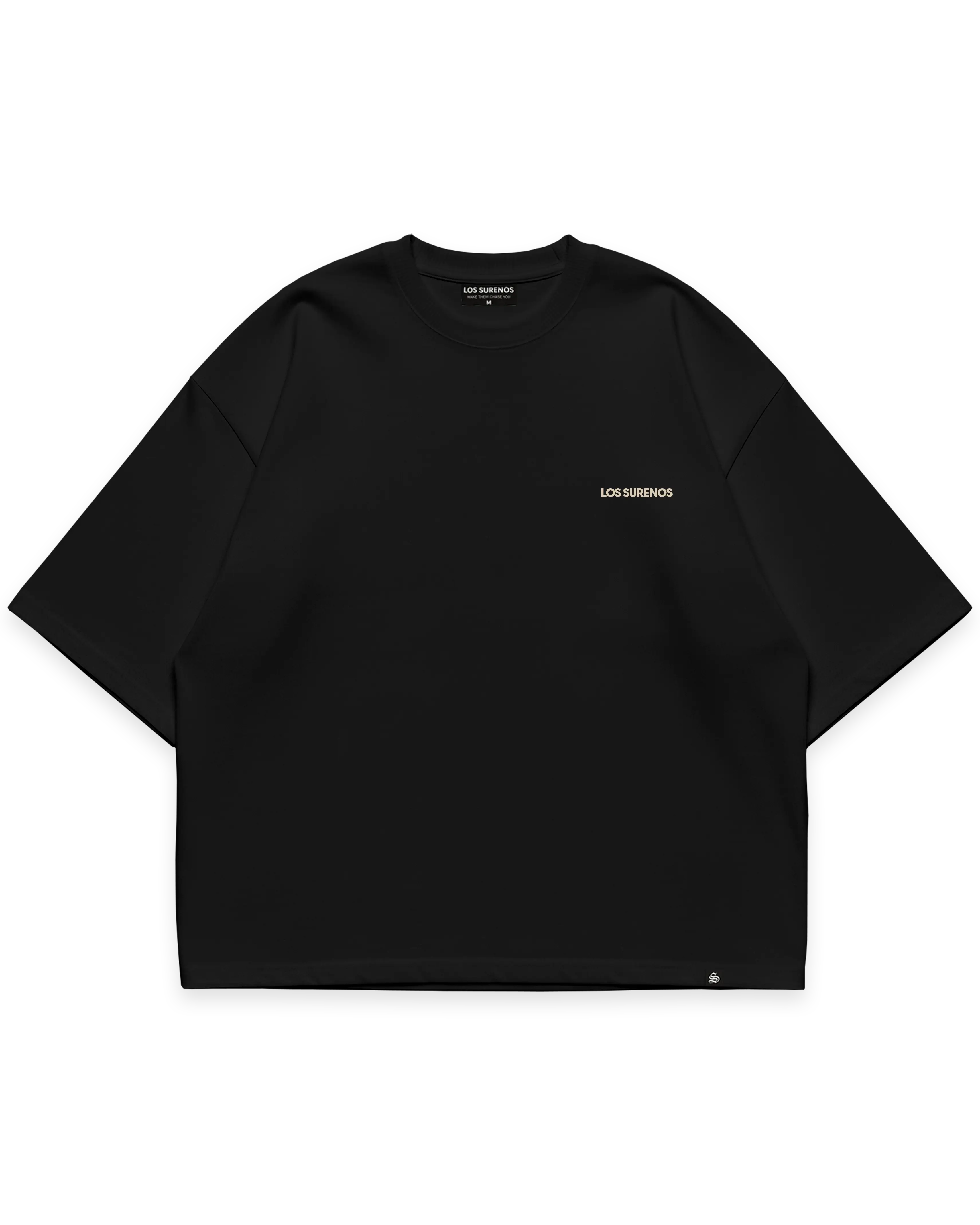 Virgin Mary Tee siyah oversize tshirt, ön yüzde minimal Los Surenos yazı detayı, premium streetwear tasarım #siyah