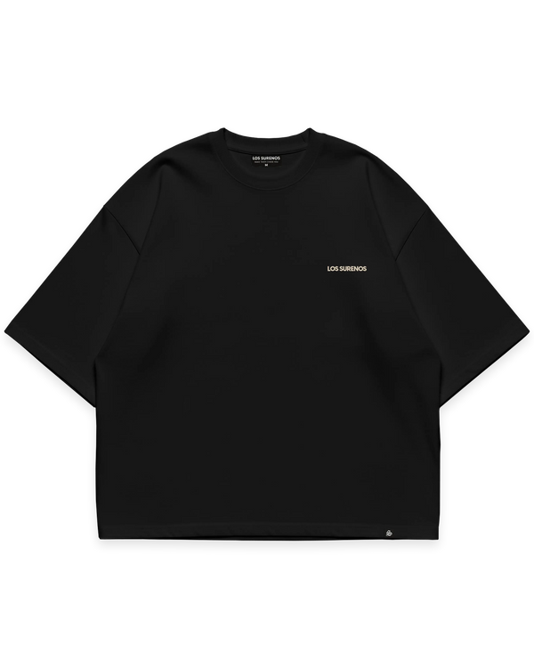 Virgin Mary Tee siyah oversize tshirt, ön yüzde minimal Los Surenos yazı detayı, premium streetwear tasarım #siyah