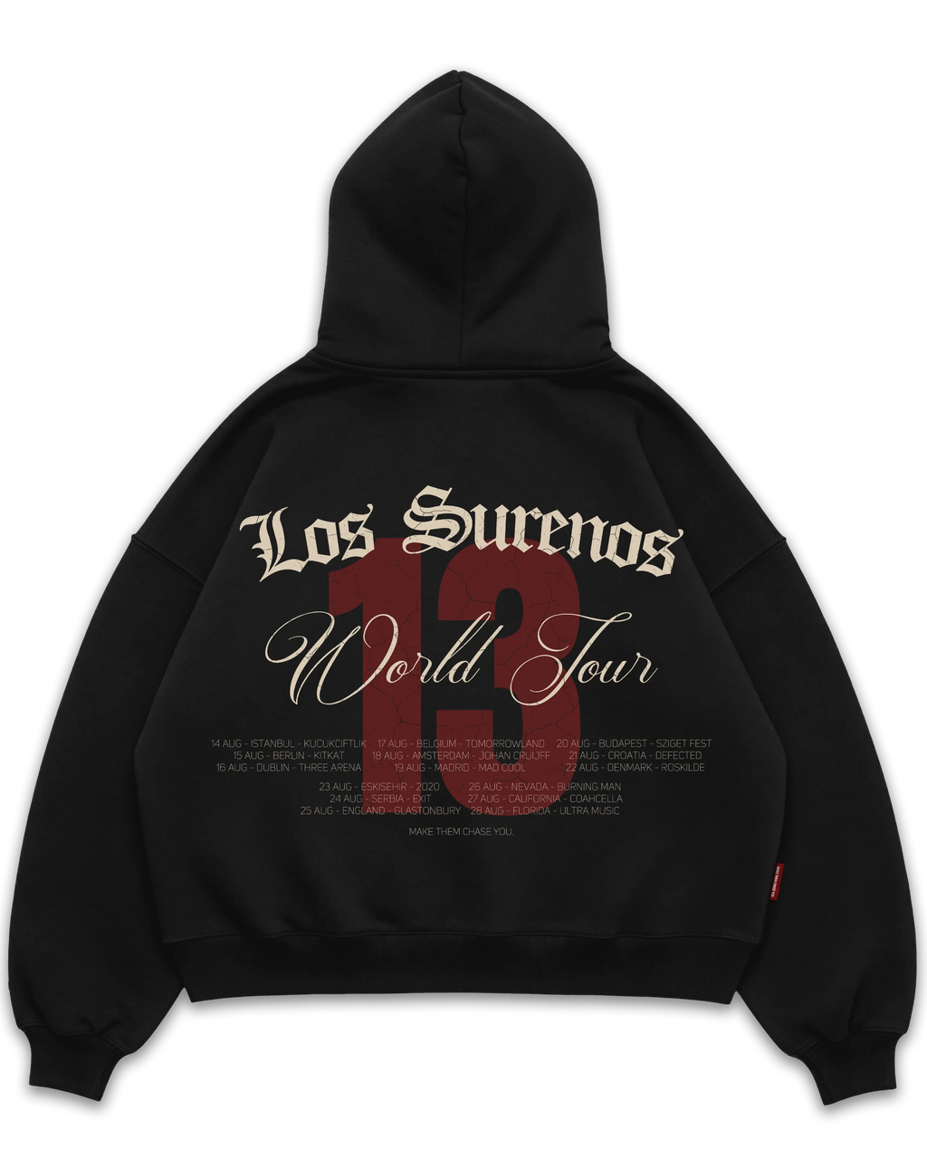 Los Surenos World Tour siyah oversize boxy fit hoodie arka yüz, büyük “World Tour” yazı tasarımı ve turne tarihleri detaylı baskı, oversize streetwear kapüşonlu sweatshirt #siyah