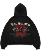 Los Surenos World Tour siyah oversize boxy fit hoodie arka yüz, büyük “World Tour” yazı tasarımı ve turne tarihleri detaylı baskı, oversize streetwear kapüşonlu sweatshirt #siyah