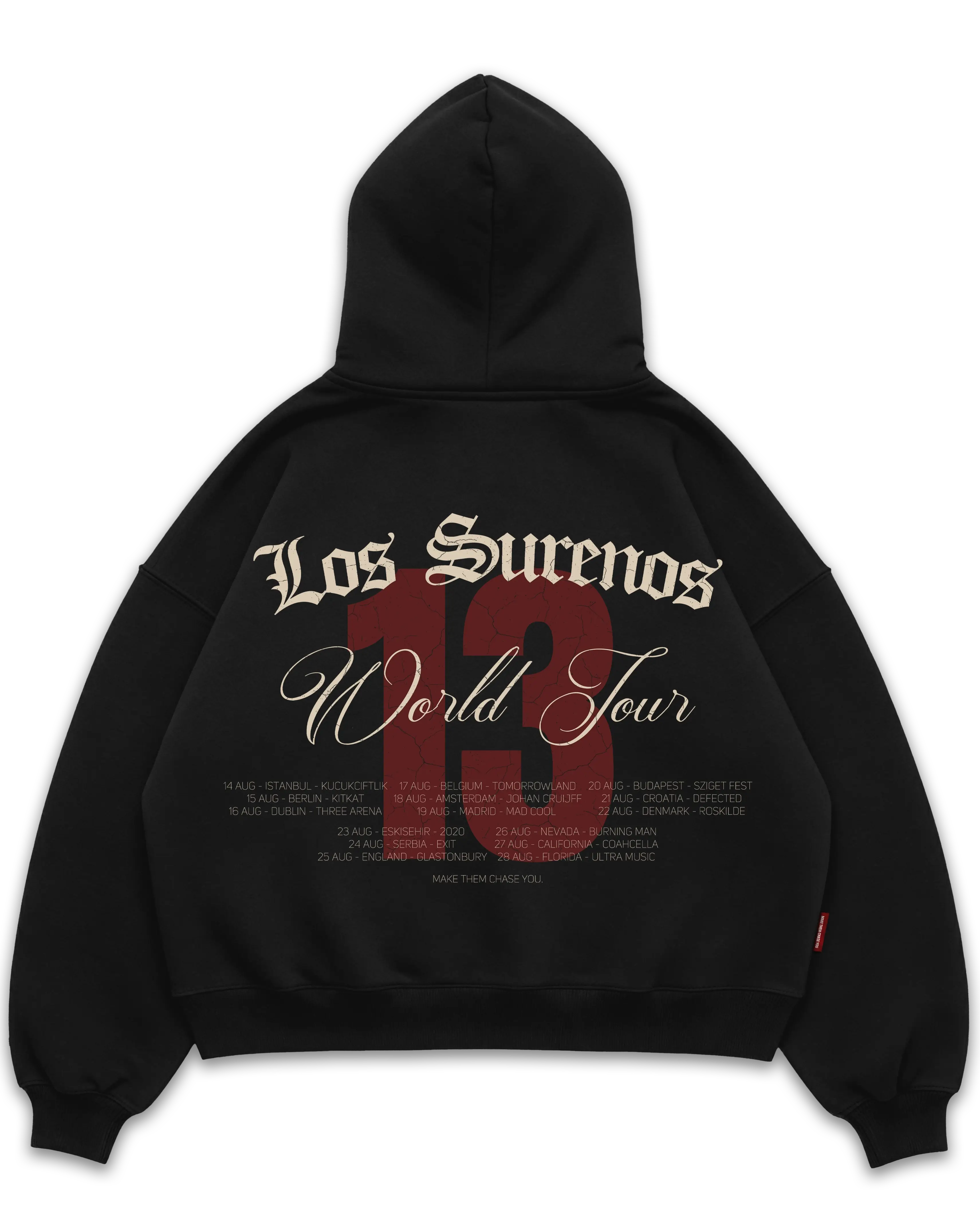 Los Surenos World Tour siyah oversize boxy fit hoodie arka yüz, büyük “World Tour” yazı tasarımı ve turne tarihleri detaylı baskı, oversize streetwear kapüşonlu sweatshirt #siyah