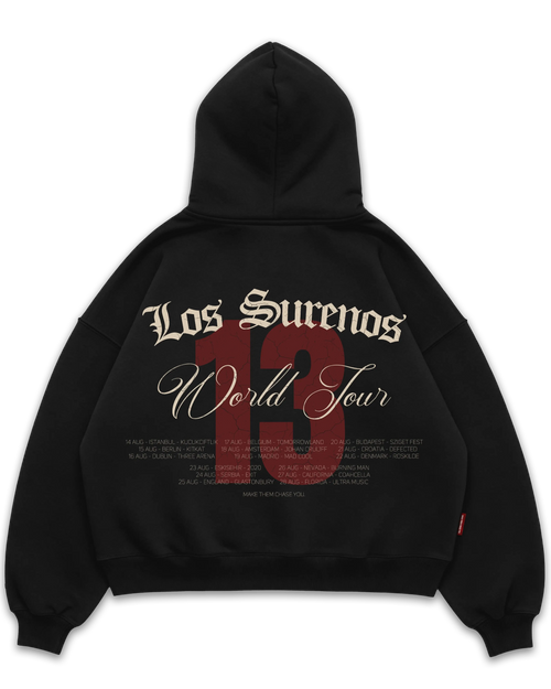 Los Surenos World Tour siyah oversize boxy fit hoodie arka yüz, büyük “World Tour” yazı tasarımı ve turne tarihleri detaylı baskı, oversize streetwear kapüşonlu sweatshirt #siyah