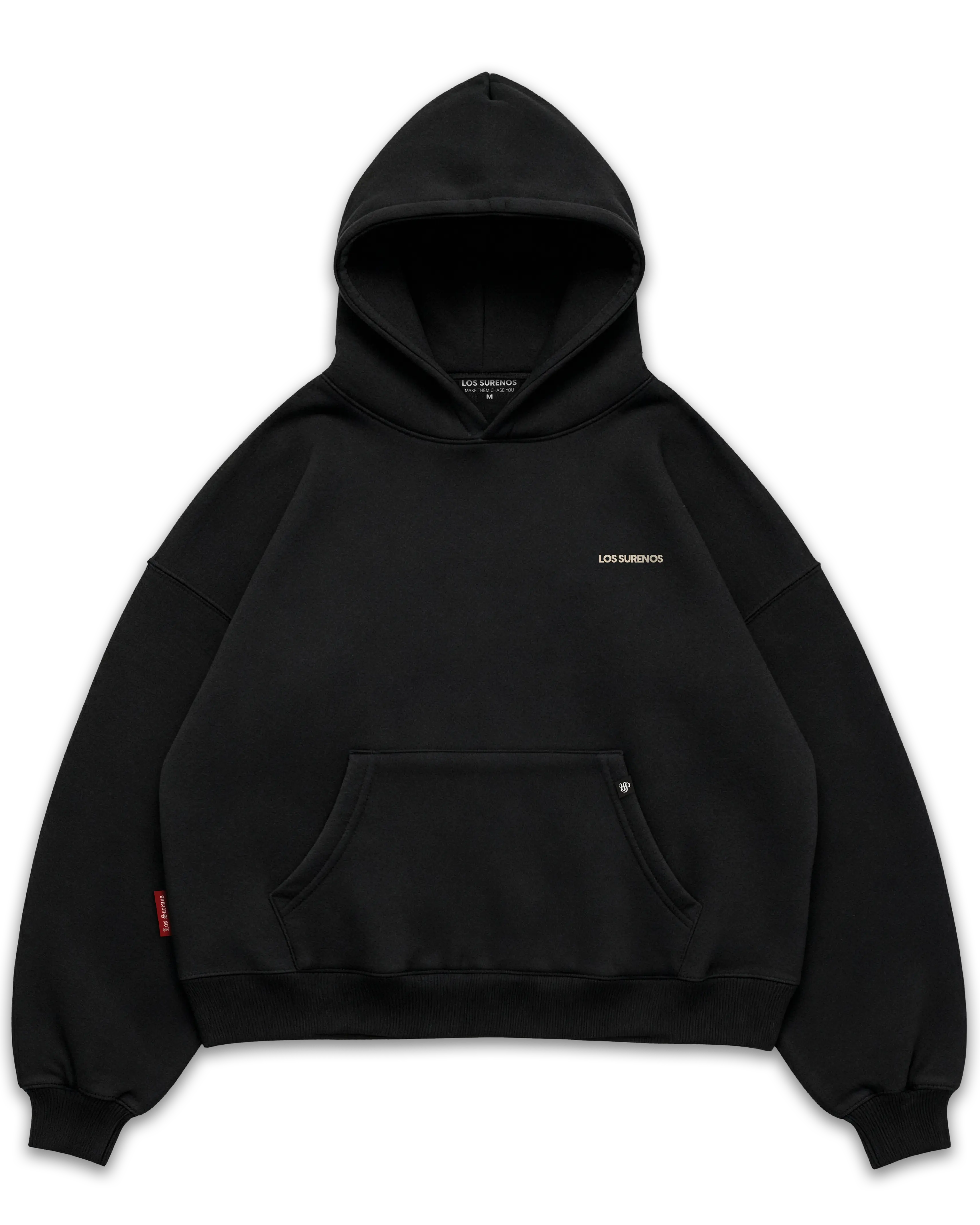 Los Surenos World Tour siyah boxy fit hoodie ön yüz, göğüste minimal Los Surenos logosu, premium oversize kesim kapüşonlu sweatshirt streetwear tarzı #siyah