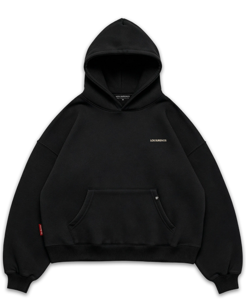 Los Surenos World Tour siyah boxy fit hoodie ön yüz, göğüste minimal Los Surenos logosu, premium oversize kesim kapüşonlu sweatshirt streetwear tarzı #siyah